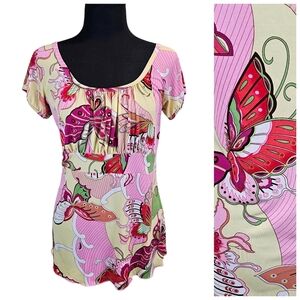 Vintage Y2K Butterfly Print Top Size Medium Pink Colorful Babydoll Pleated 90s